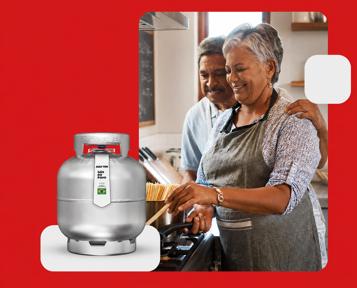 Botijão Nacional Gás do Programa Gás do Povo e família preparando uma refeição na cozinha